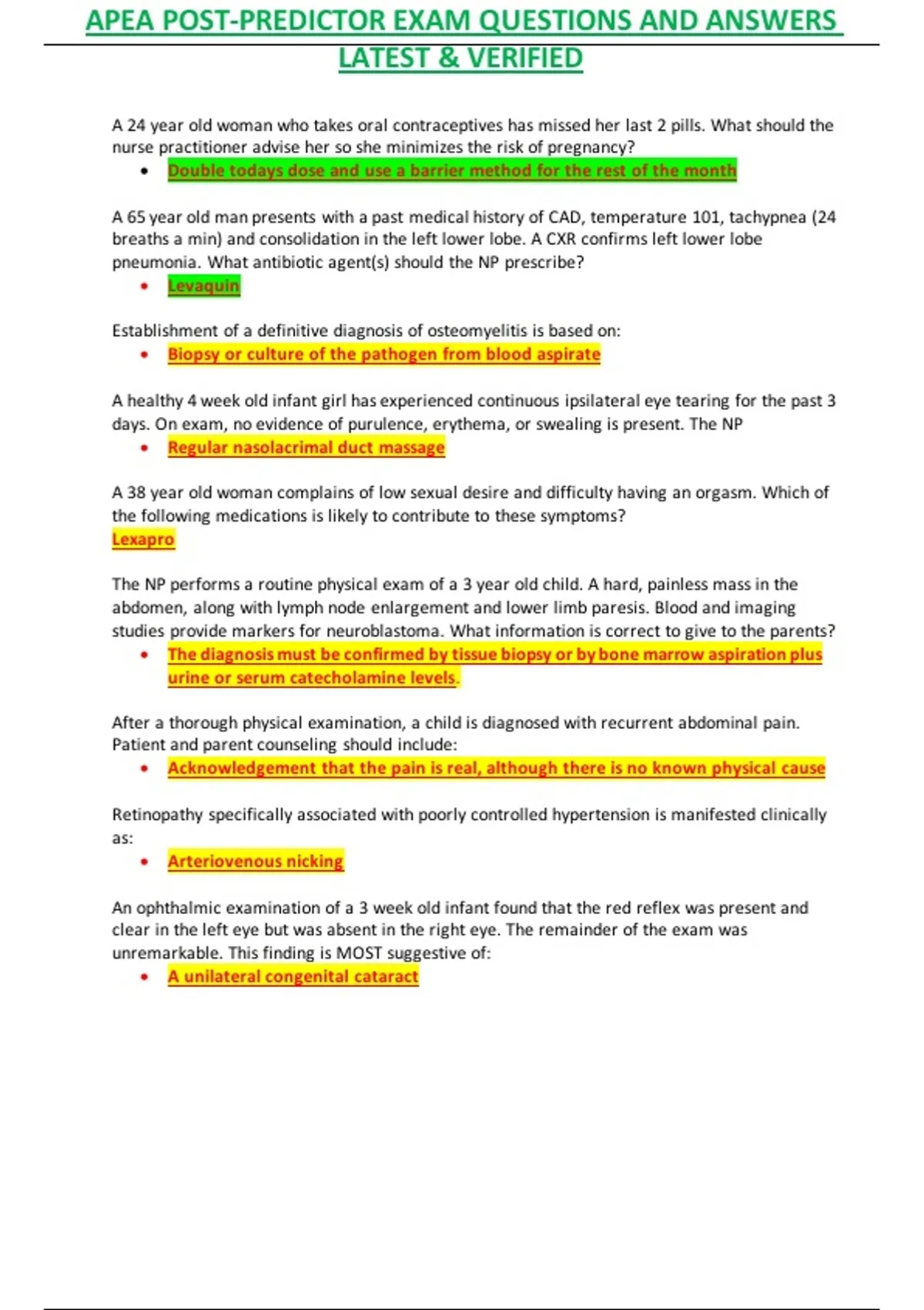 APEA POST-PREDICTOR EXAM QUESTIONS AND ANSWERS LATEST & VERIFIED - APEA ...