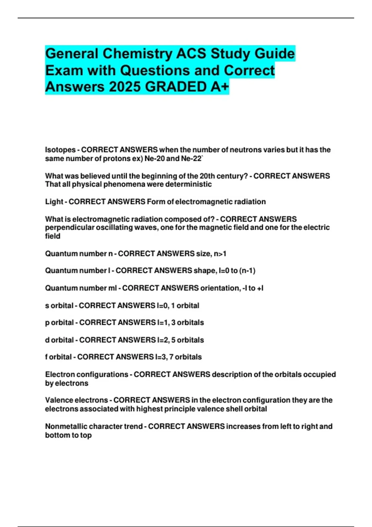 General Chemistry ACS Study Guide Exam with Questions and Correct ...