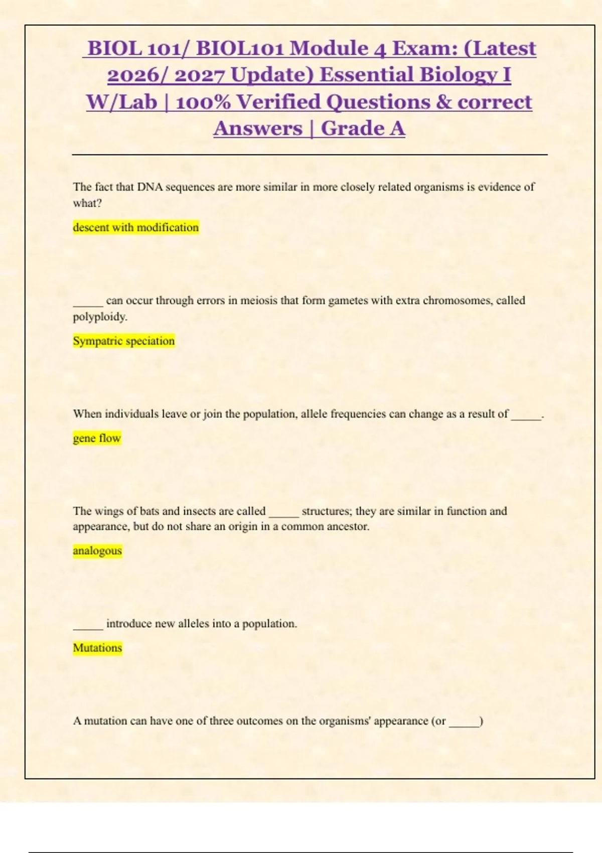 BIOL 101 / BIOL101 Essential Biology I – Modules 3 & 4 Exam | 2026–2027 ...