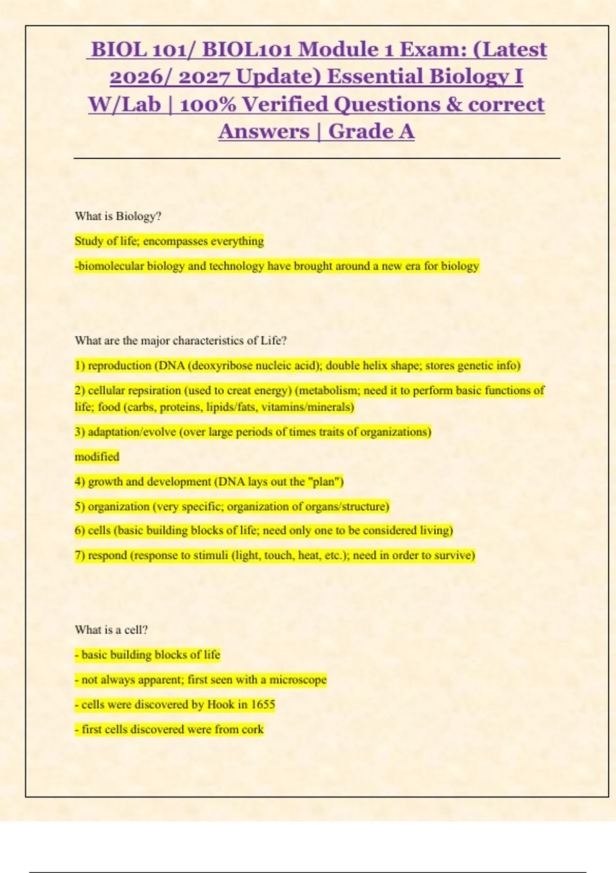 BIOL 101/ BIOL101 Module 1 Exam: (Latest 2026/ 2027 Update) Essential ...