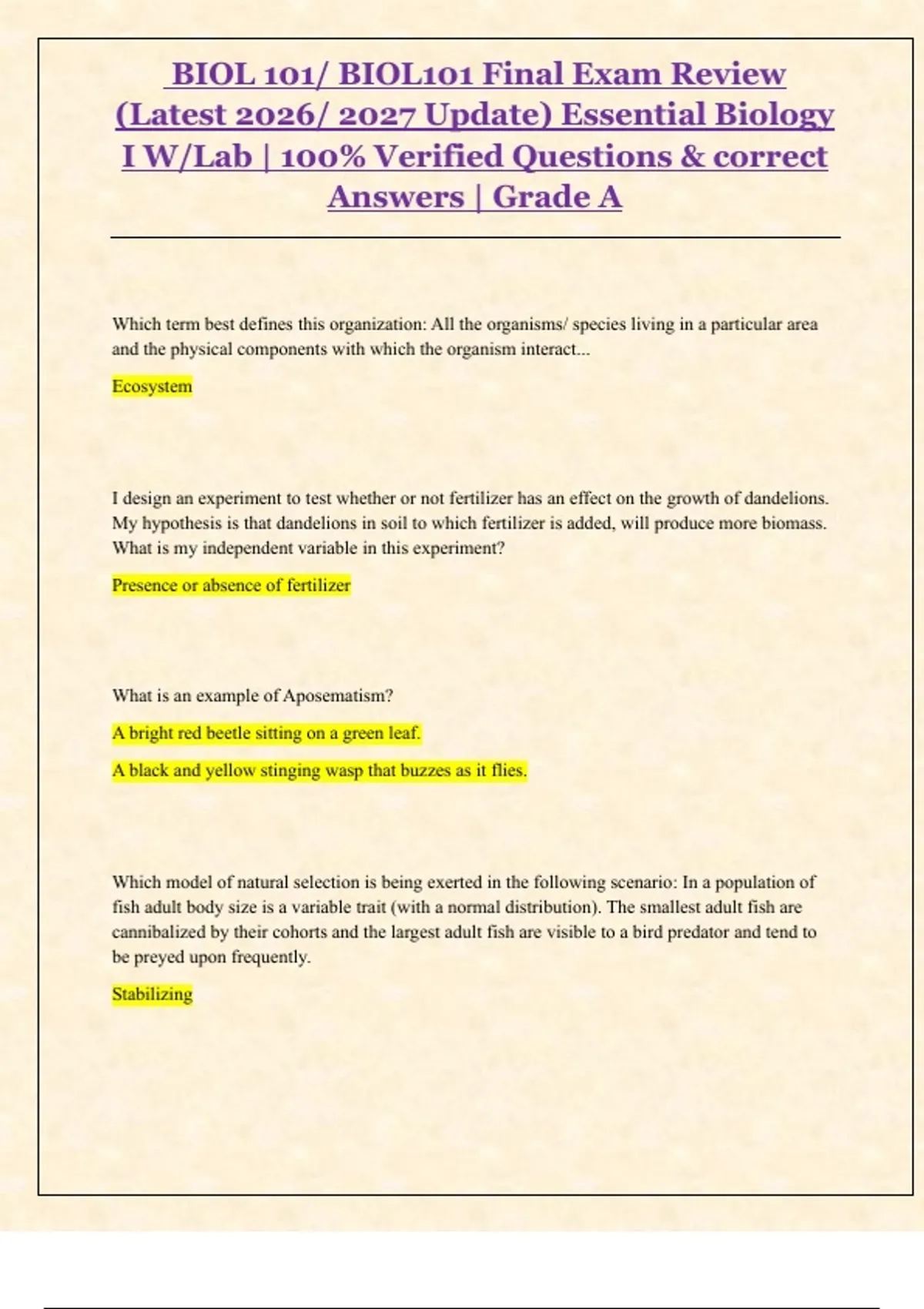 BIOL 101/ BIOL101 Final Exam Review (Latest 2026/ 2027 Update ...