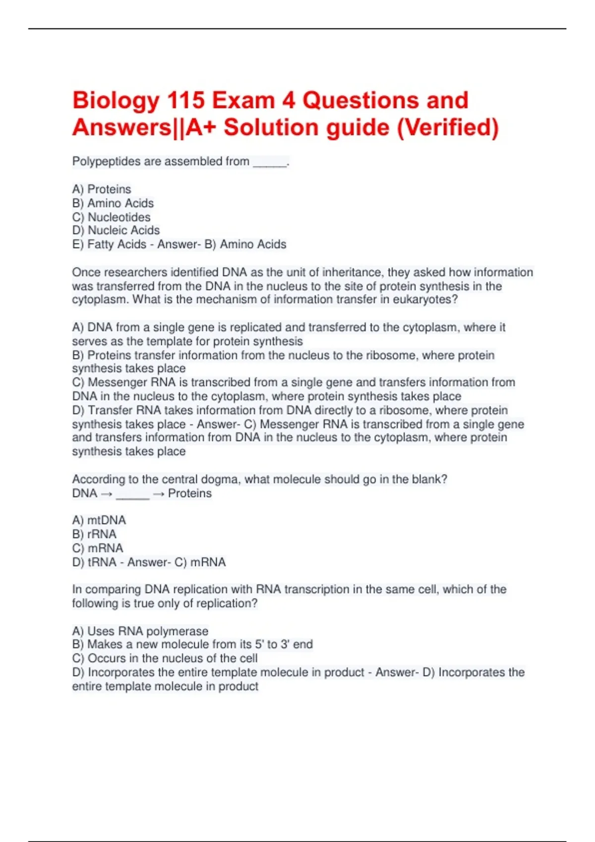 Biology 115 Exam 4 Questions and Answers||A+ Solution guide (Verified ...