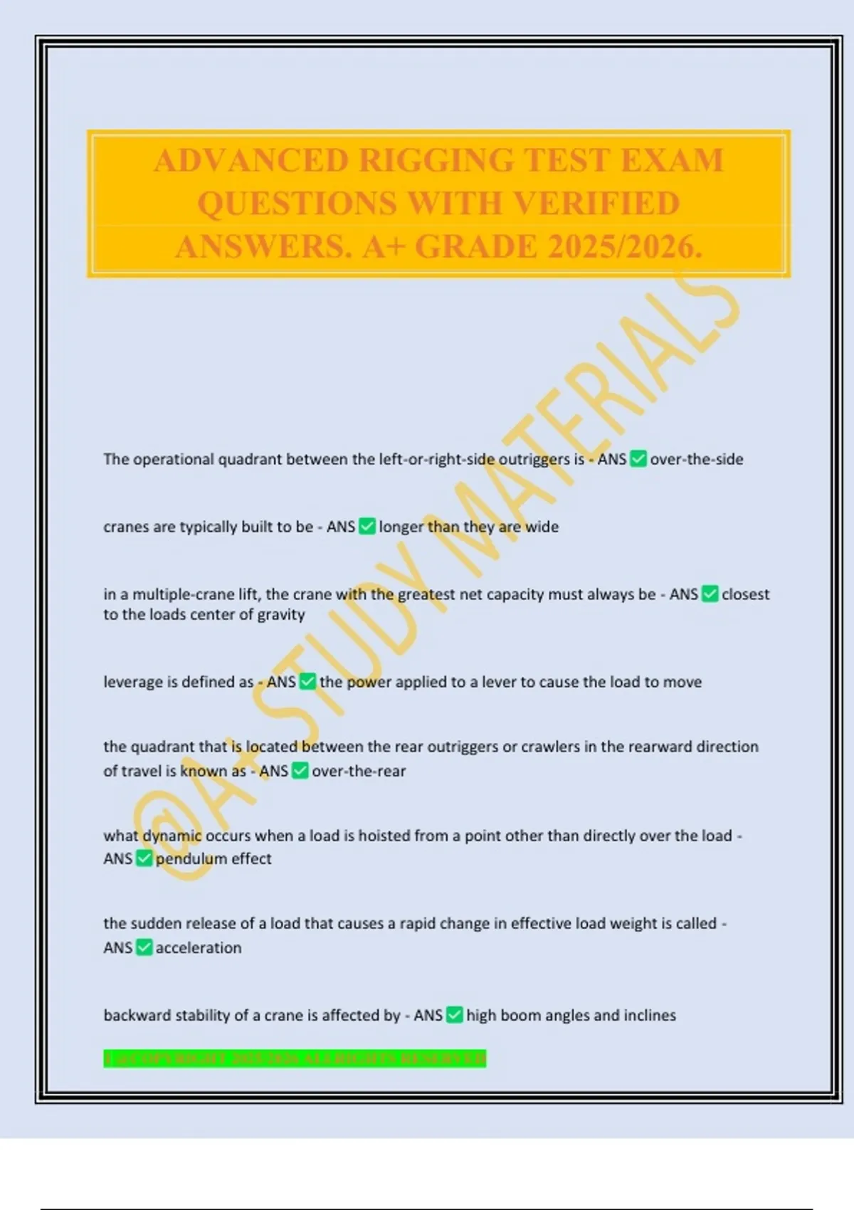 ADVANCED RIGGING TEST EXAM QUESTIONS WITH VERIFIED ANSWERS. A+ GRADE ...