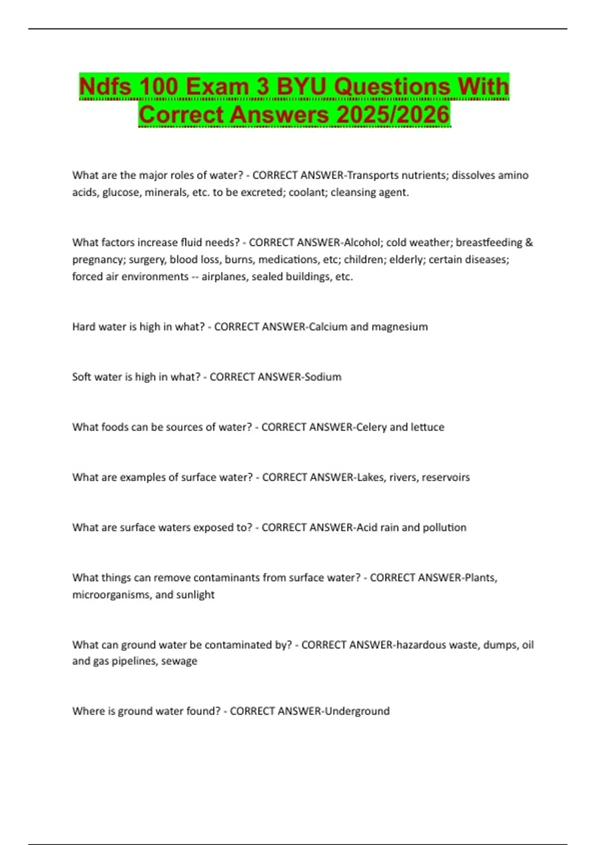 Ndfs 100 Exam 3 BYU Questions With Correct Answers 2025/2026. - YU NDFS ...