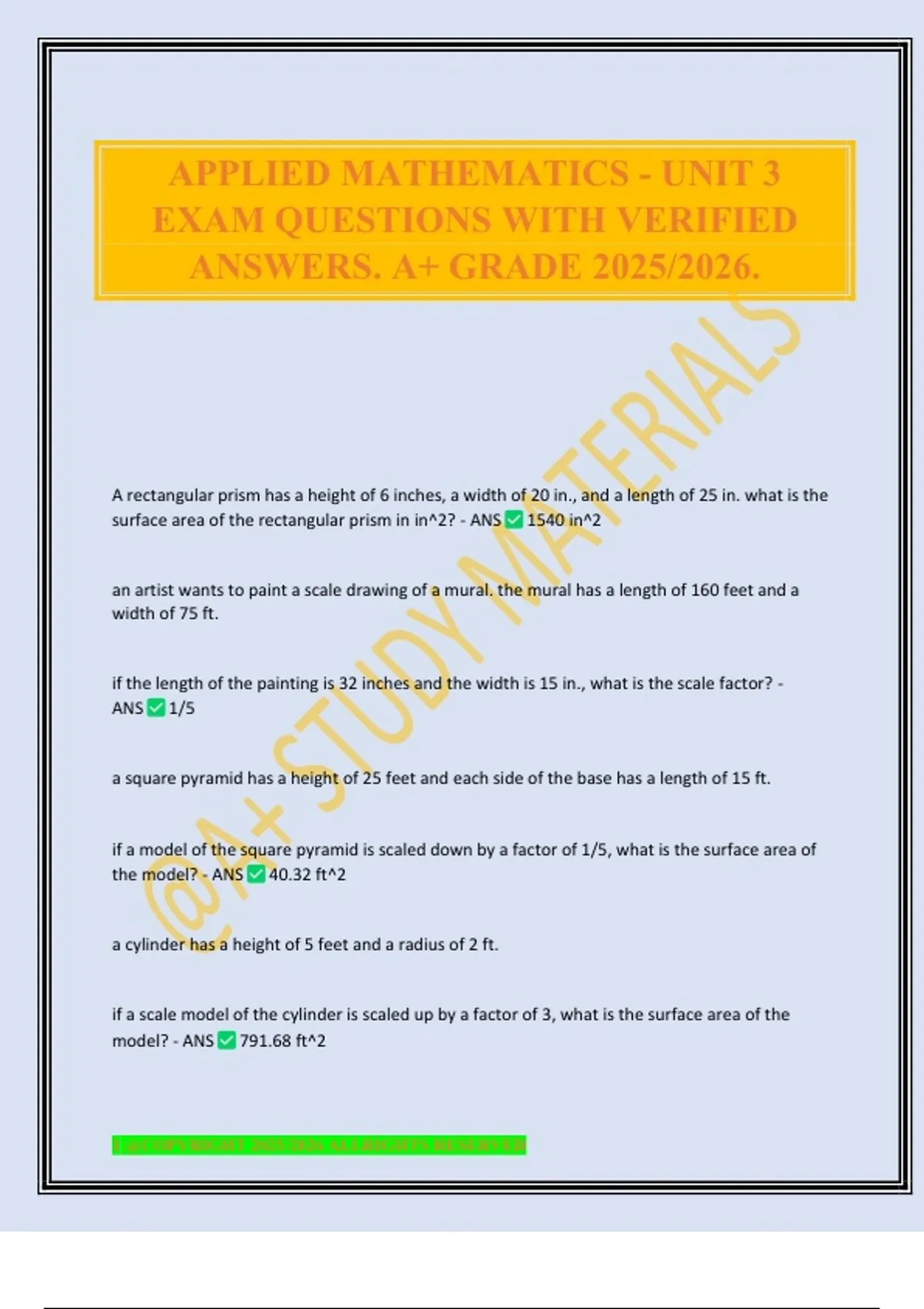 APPLIED MATHEMATICS - UNIT 3 EXAM QUESTIONS WITH VERIFIED ANSWERS. A+ ...
