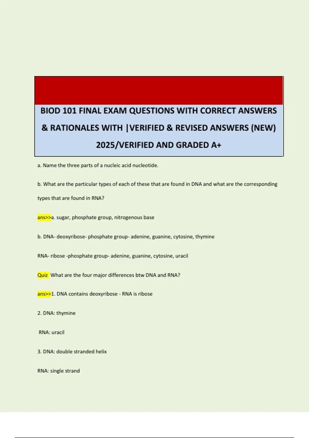 BIOD 101 FINAL EXAM QUESTIONS QUESTIONS WITH CORRECT ANSWERS ...