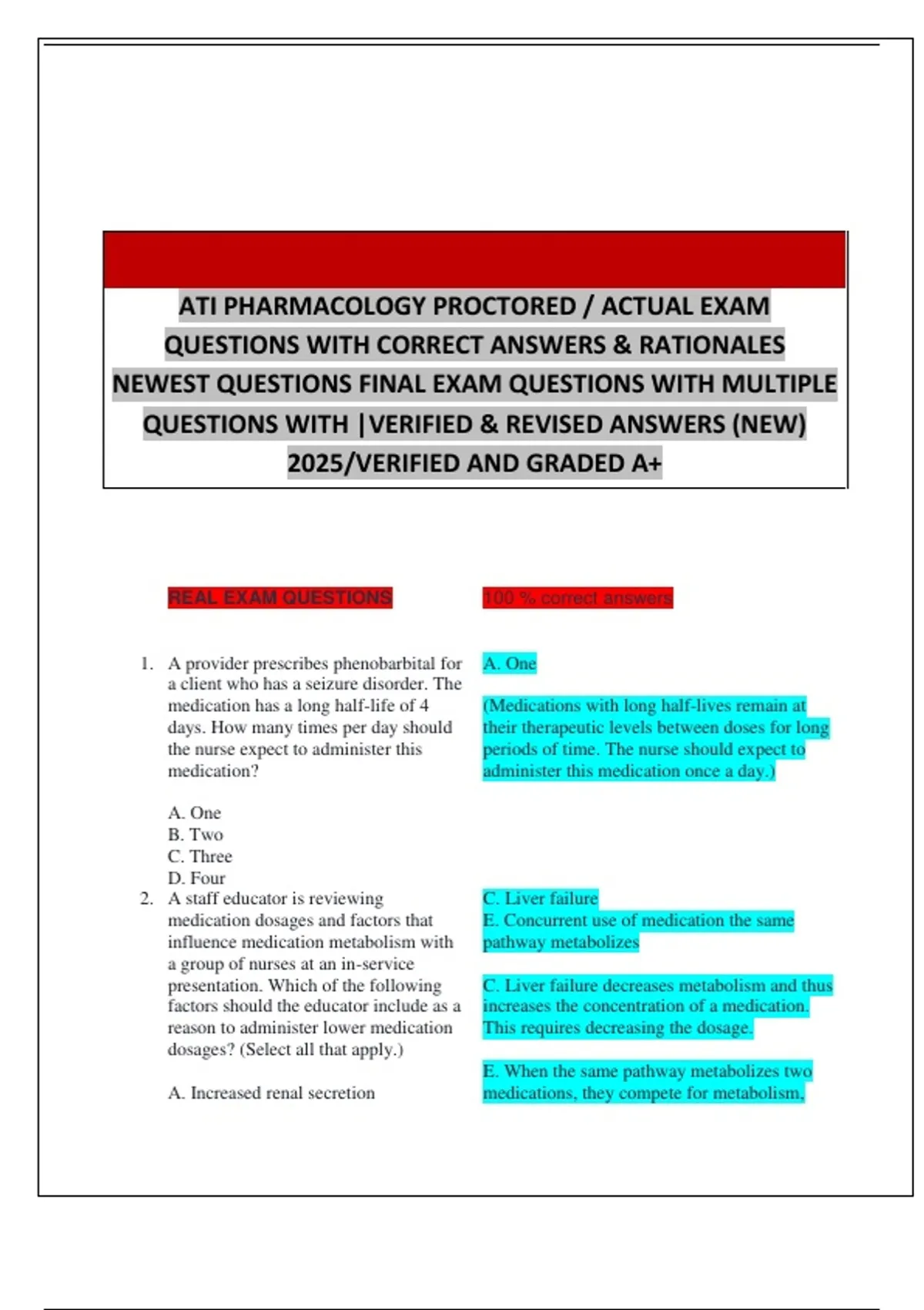 ATI PHARMACOLOGY PROCTORED / ACTUAL EXAM QUESTIONS WITH CORRECT ANSWERS ...