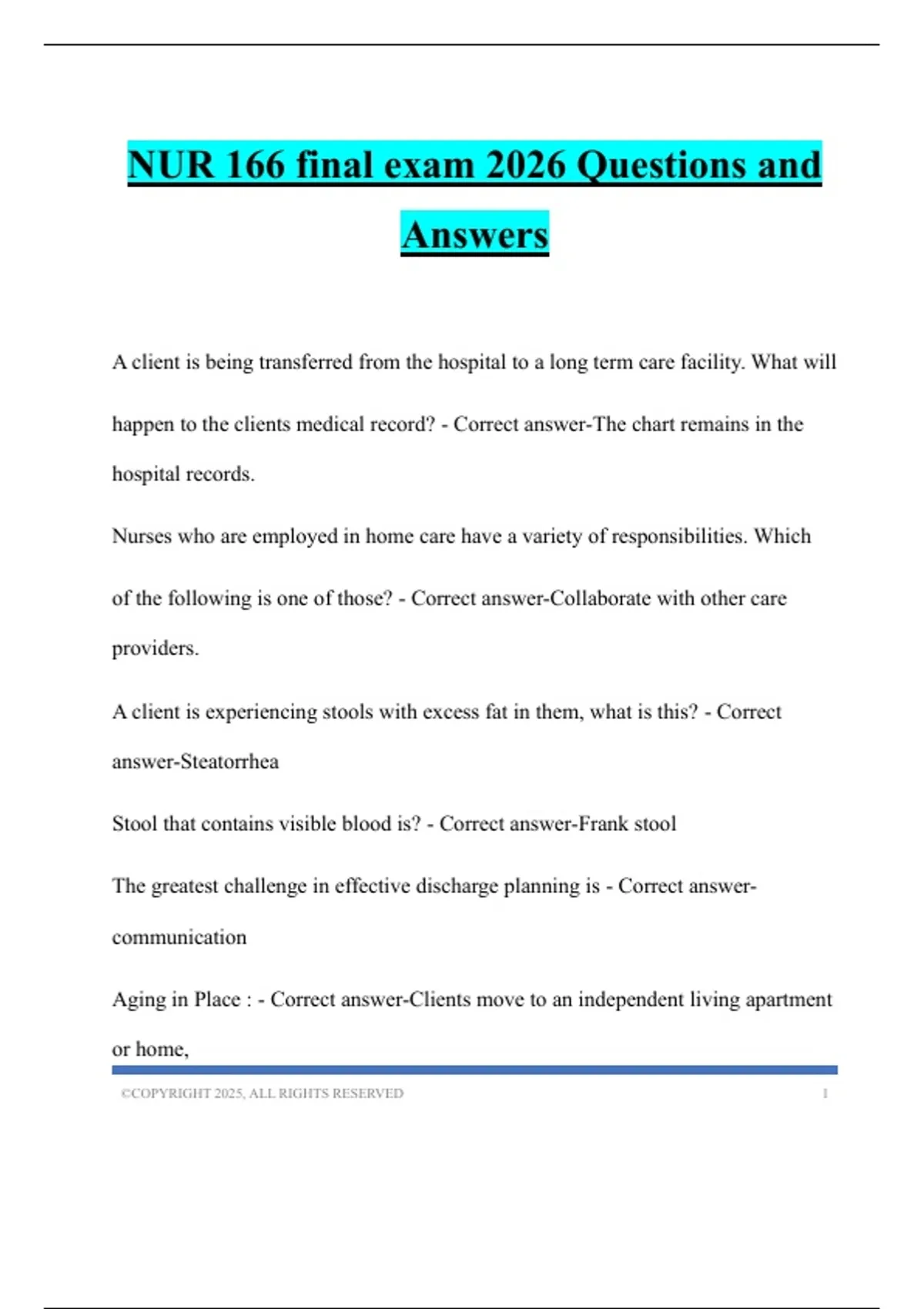 NUR 166 final exam 2026 Questions and Answers - NUR 166 - Stuvia US