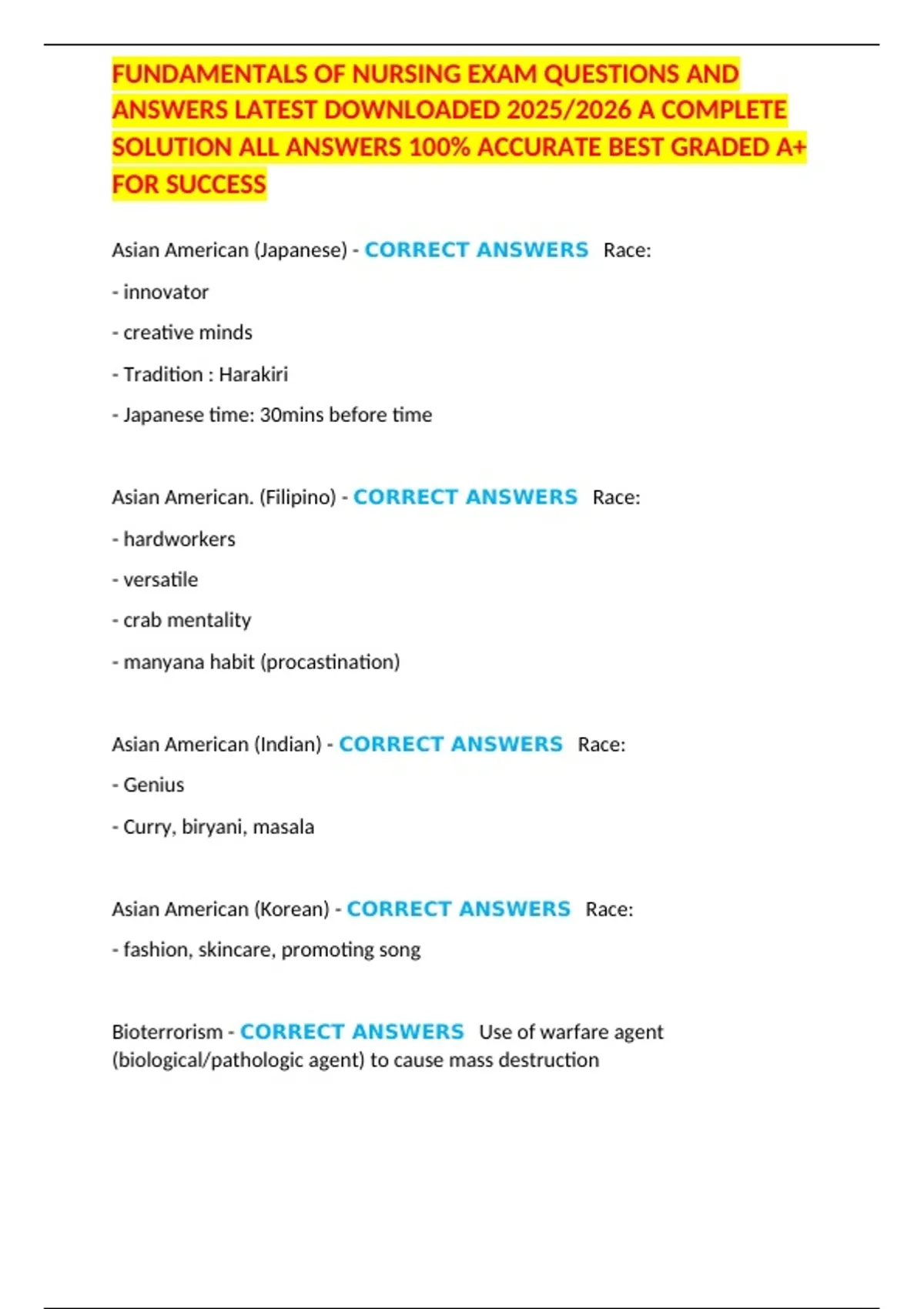 FUNDAMENTALS OF NURSING EXAM QUESTIONS AND ANSWERS LATEST DOWNLOADED ...