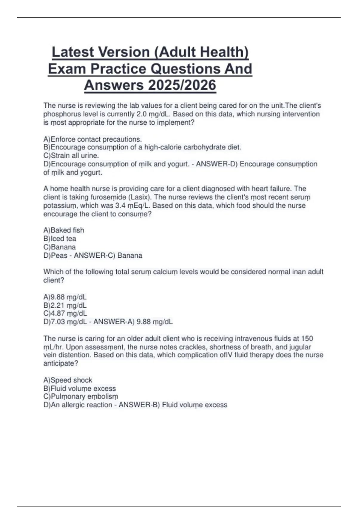 Latest Version (Adult Health) Exam Practice Questions And Answers 2025/2026 - Adult Health ...