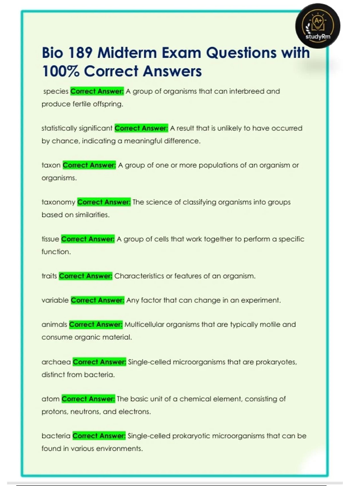 Bio 189 Midterm Exam Questions with 100% Correct Answers - Bio 189 ...