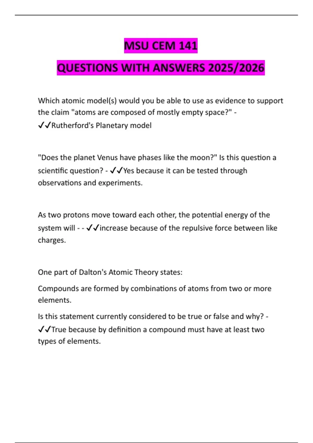 MSU CEM 141 QUESTIONS WITH ANSWERS 2025/2026 - MSU CEM 141 - Stuvia US
