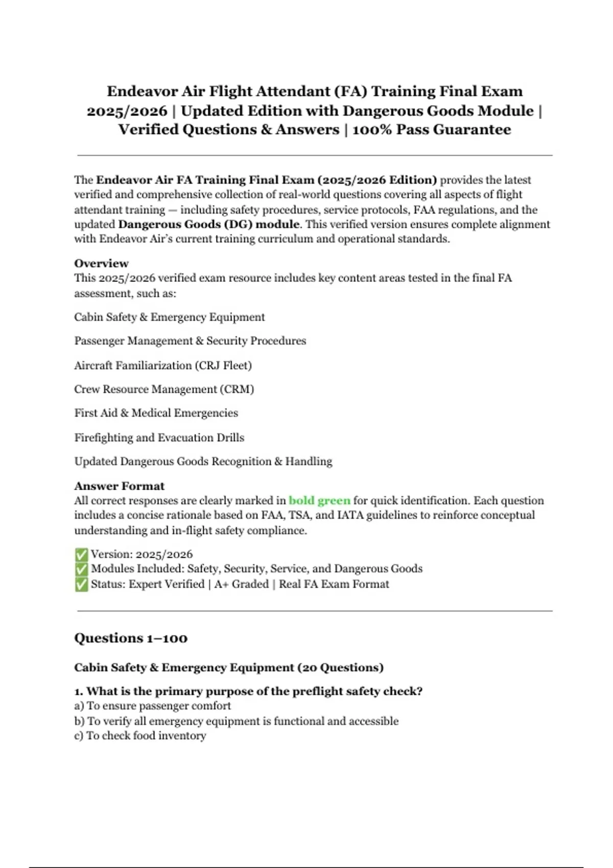 Endeavor Air Flight Attendant Training Final Exam 2025–2026 | Verified ...