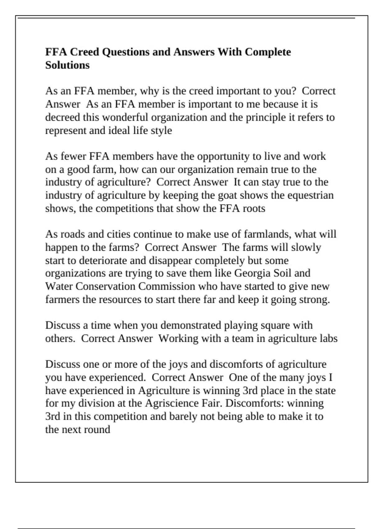 FFA Creed Questions and Answers With Complete Solutions - FFA Creed ...