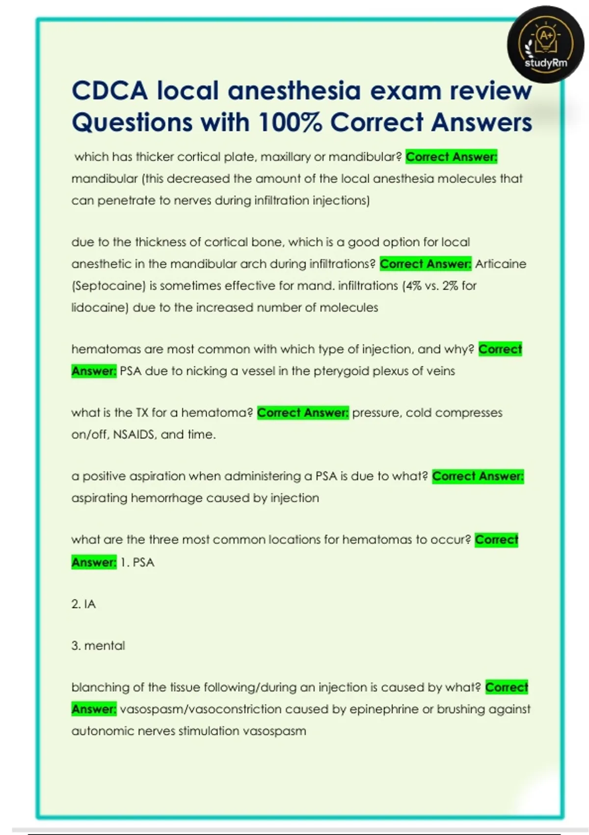 CDCA local anesthesia exam review Questions with 100% Correct Answers ...