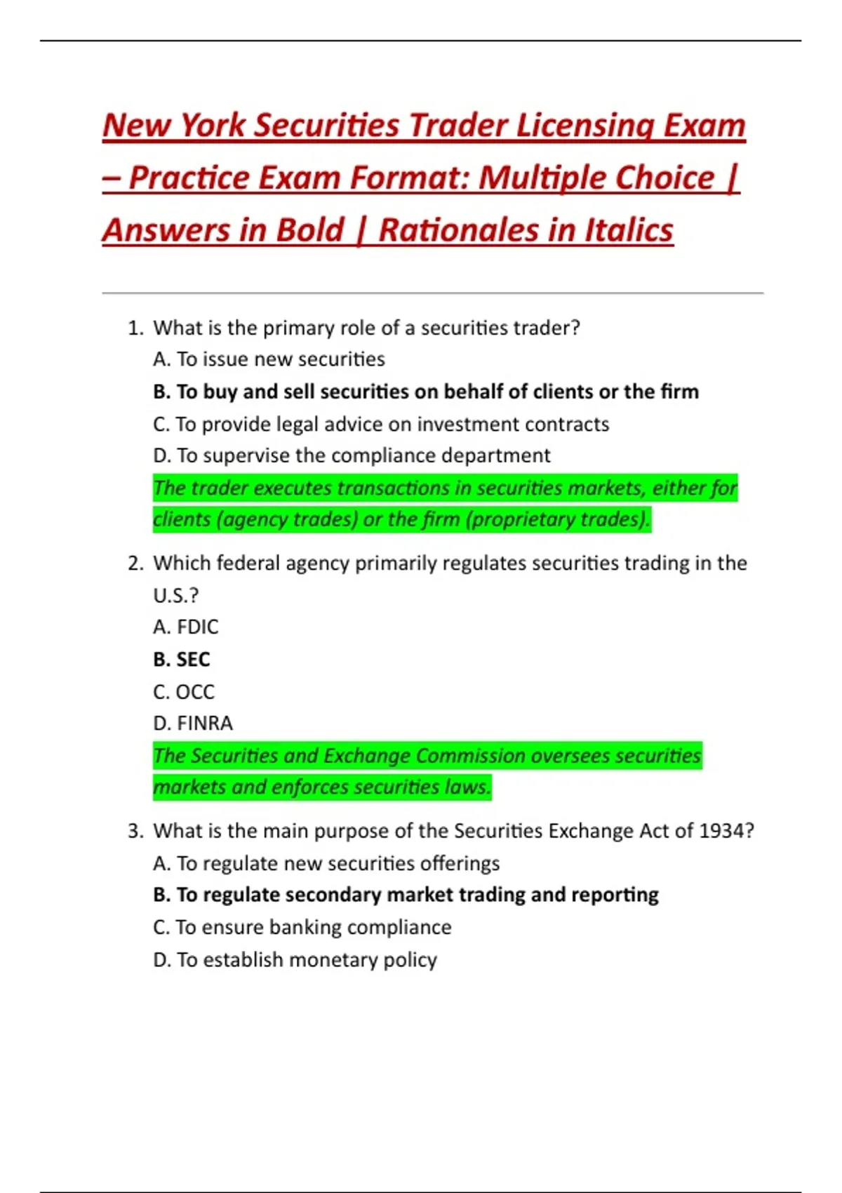 New York Securities Trader Licensing Exam – Practice Exam Format ...