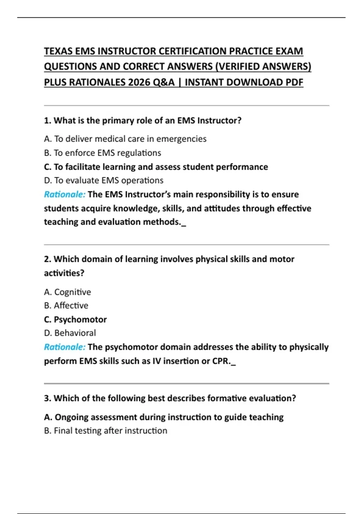 TEXAS EMS INSTRUCTOR CERTIFICATION PRACTICE EXAM QUESTIONS AND CORRECT ...