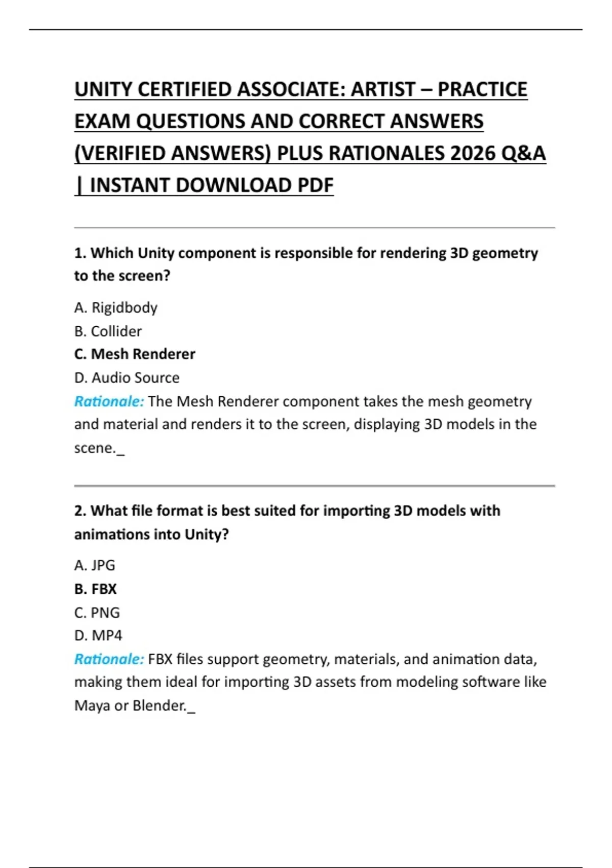 UNITY CERTIFIED ASSOCIATE: ARTIST – PRACTICE EXAM QUESTIONS AND CORRECT ...