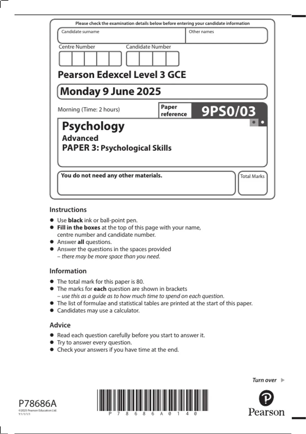Bundle 2025 Pearson Edexcel A Level Psychology Paper 3 Question Paper ...