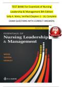 TEST BANK FOR ESSENTIALS OF NURSING LEADERSHIP & MANAGEMENT 8TH EDITION 2025-2026&comma; BY SALLY A&period; WEISS&comma; VERIFIED CHAPTERS 1 - 16&comma; COMPLETE NEWEST