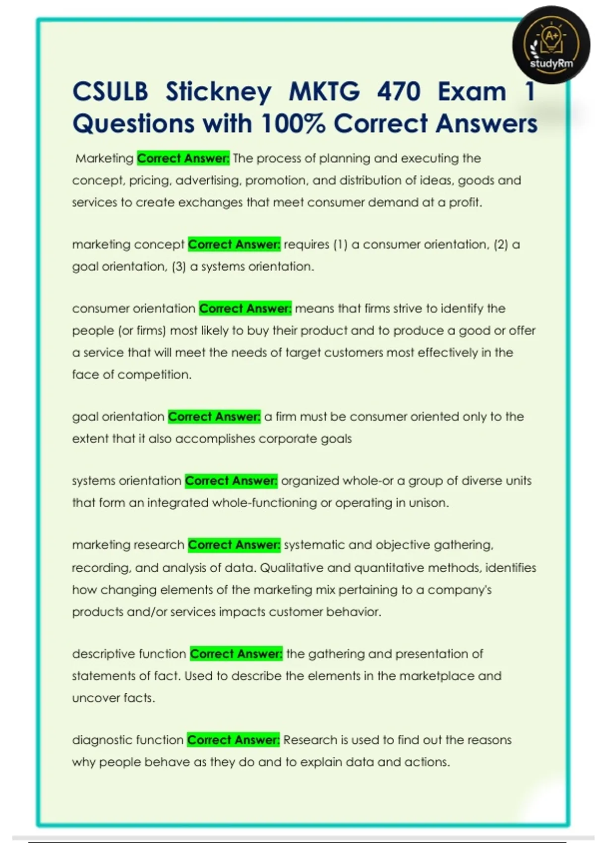 CSULB Stickney MKTG 470 Exam 1 Questions with 100% Correct Answers ...