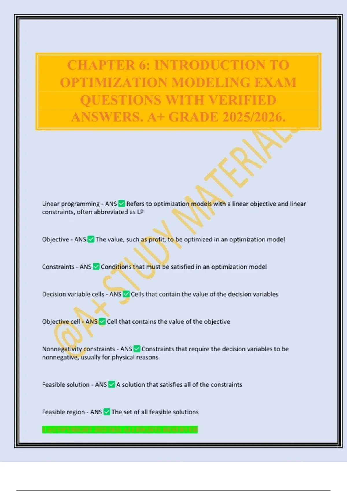 CHAPTER 6: INTRODUCTION TO OPTIMIZATION MODELING EXAM QUESTIONS WITH ...