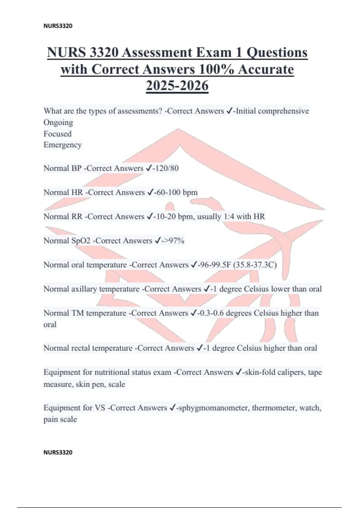 NURS 3320 Assessment Exam 1 Questions with Correct Answers 100% ...