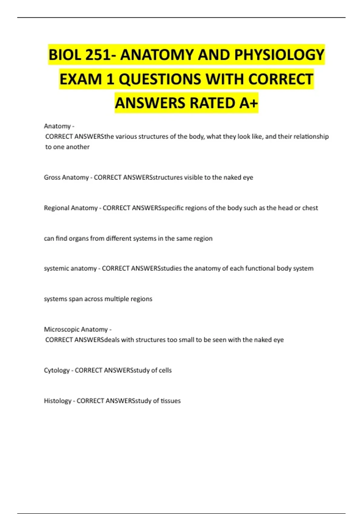 BIOL 251- ANATOMY AND PHYSIOLOGY EXAM 1 QUESTIONS WITH CORRECT ANSWERS ...