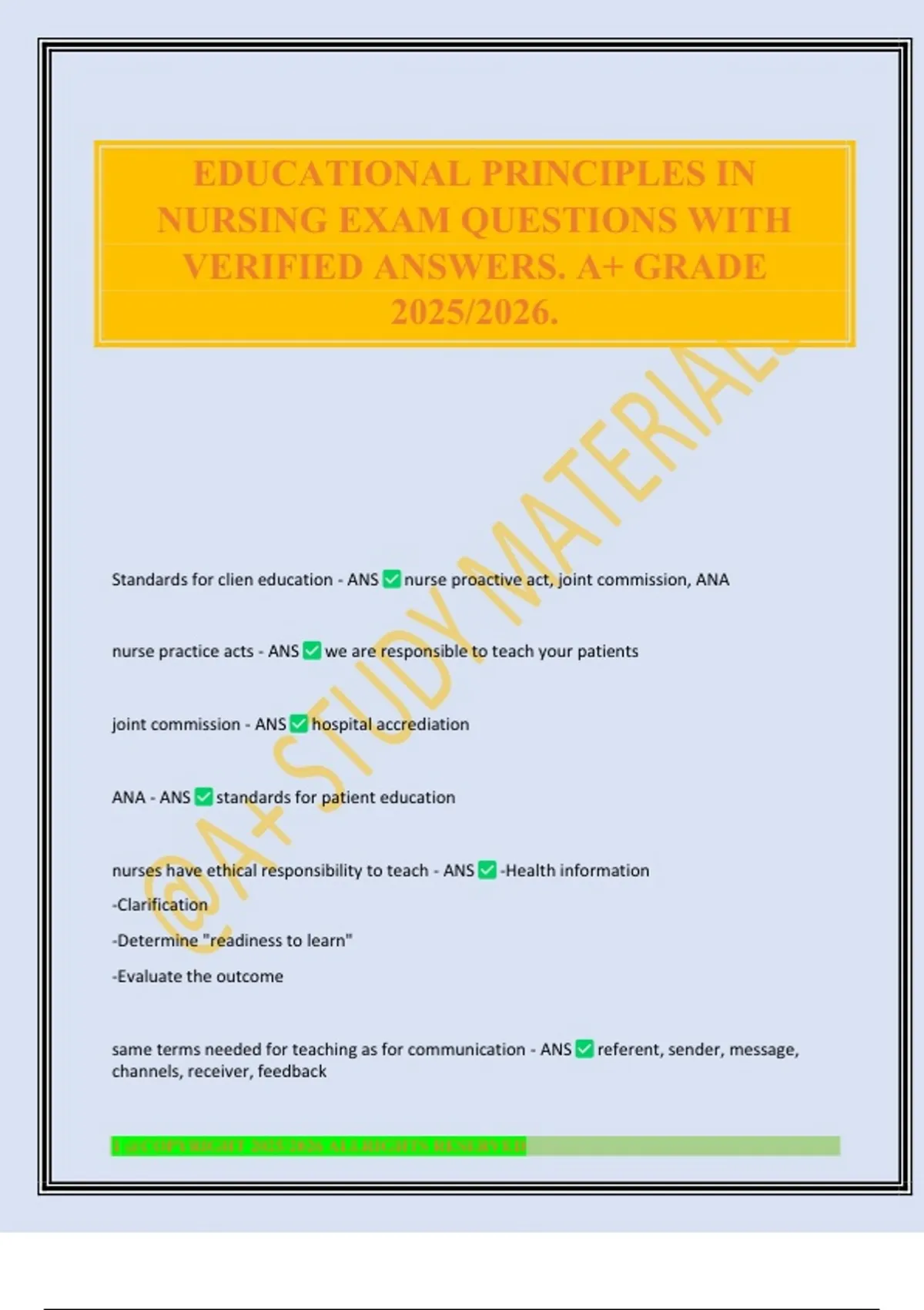 EDUCATIONAL PRINCIPLES IN NURSING EXAM QUESTIONS WITH VERIFIED ANSWERS ...