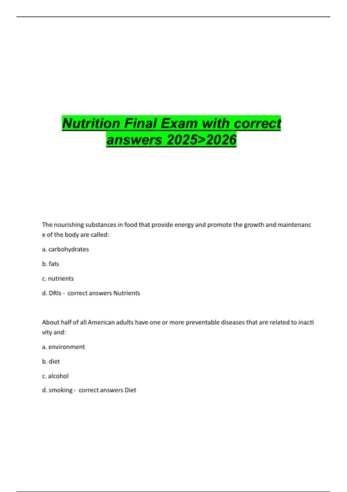 Nutrition Final Exam with correct answers 20252026 - Nutrition 2025 ...