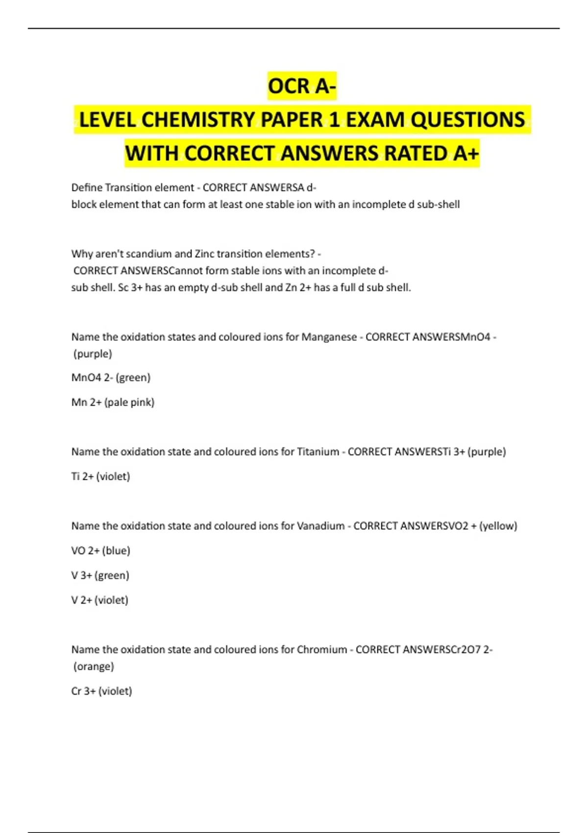 2025 OCR AS Level Chemistry A H032 EXAM QUESTIONS WITH CORRECT ANSWERS ...