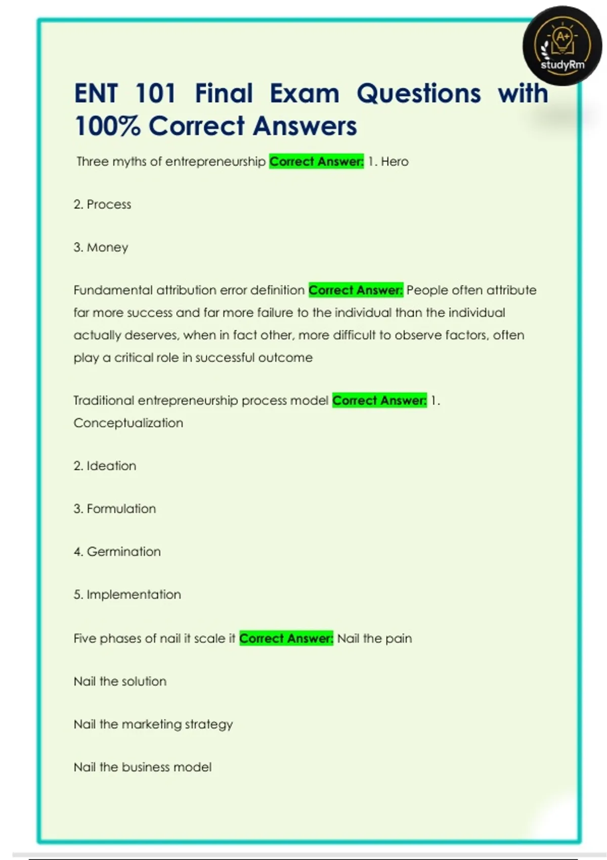 ENT 101 Final Exam Questions with 100% Correct Answers - ENT 101 ...