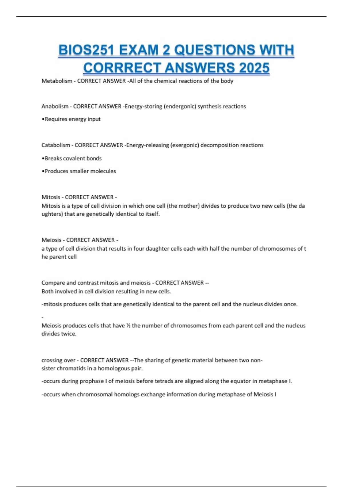 BIOS251 EXAM 2 QUESTIONS WITH CORRRECT ANSWERS 2025 - BIOS251 - Stuvia US