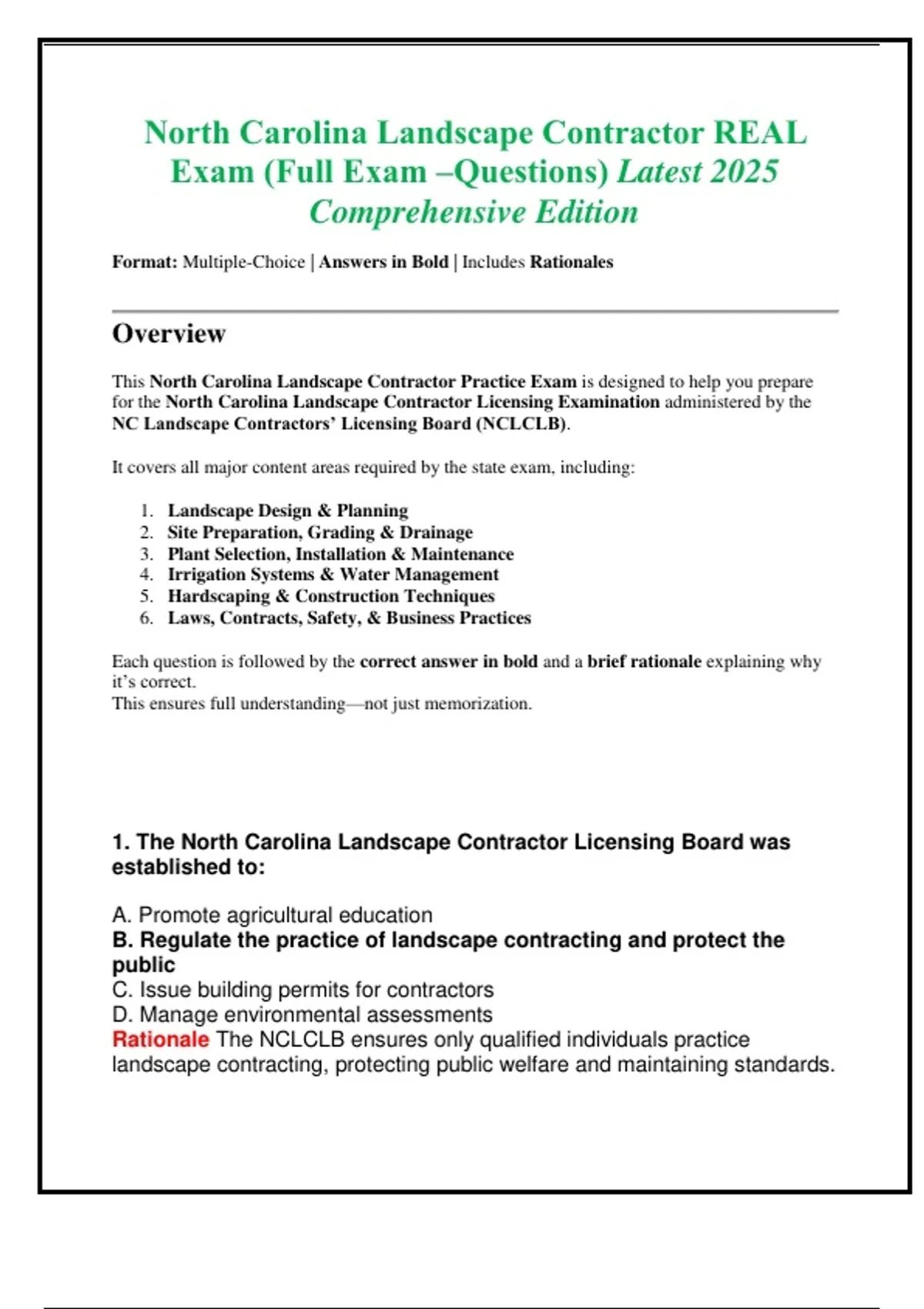 North Carolina Landscape Contractor REAL Exam (2025 Edition) Full Exam ...