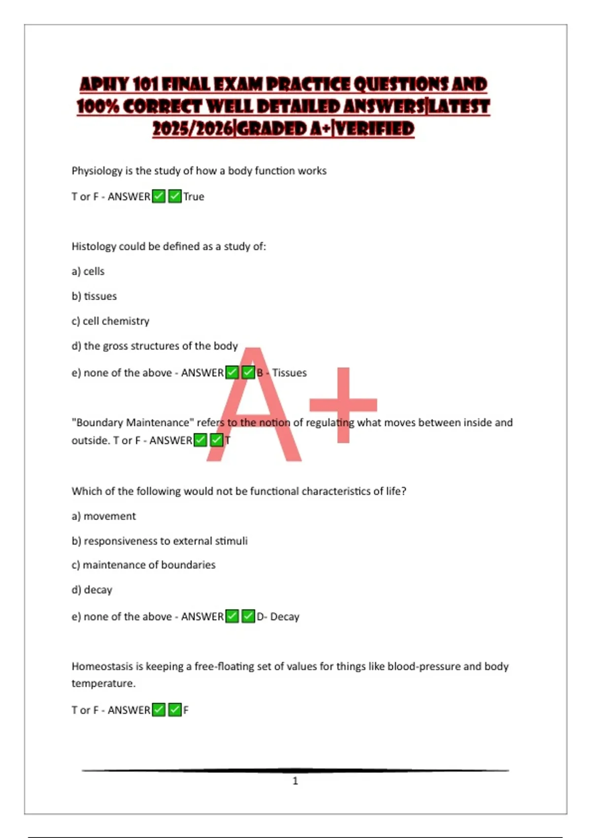 APHY 101 FINAL EXAM PRACTICE QUESTIONS AND 100% CORRECT WELL DETAILED ...