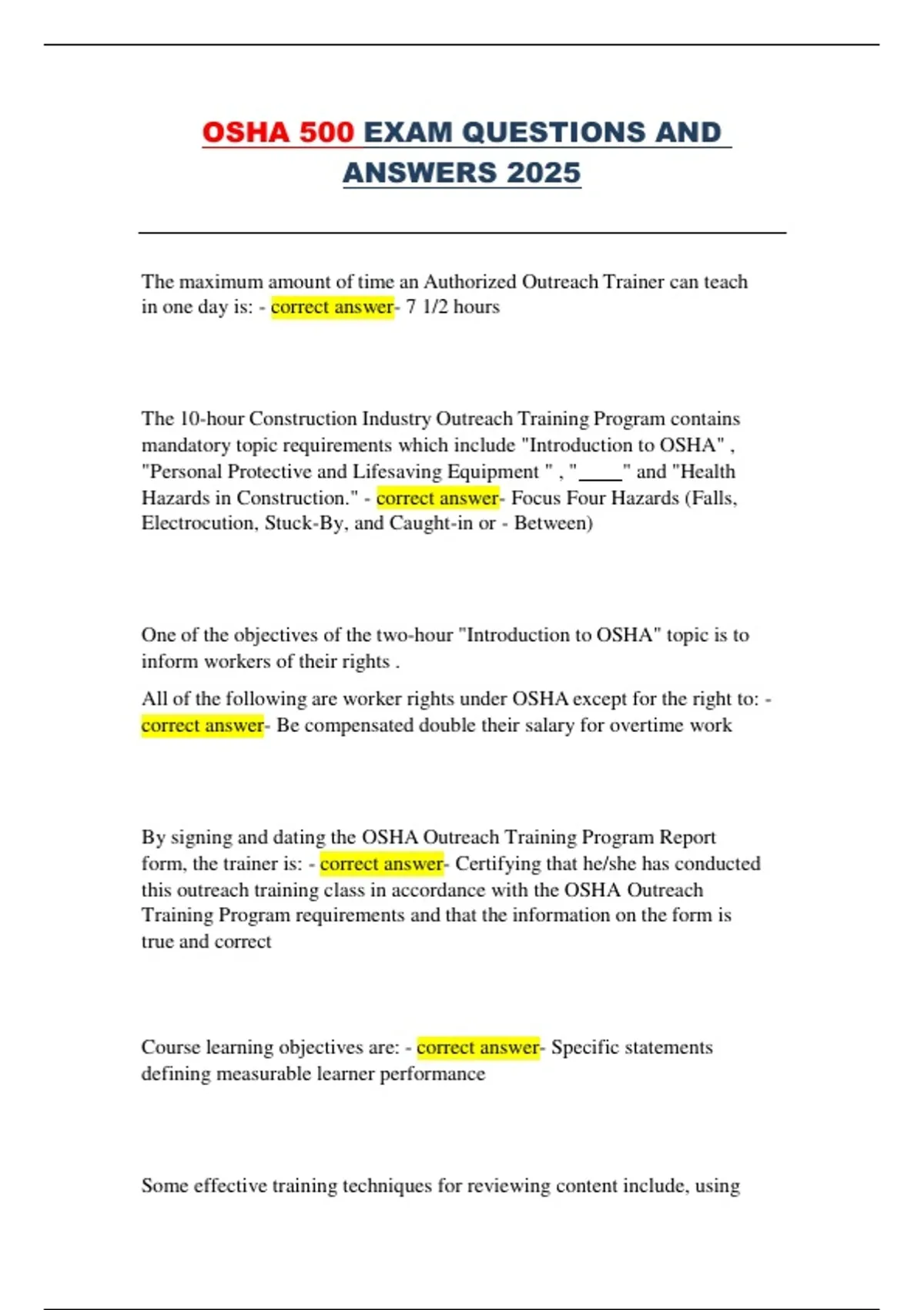 OSHA 500 Exam Questions and Answers 2025 – Complete Study Guide for ...