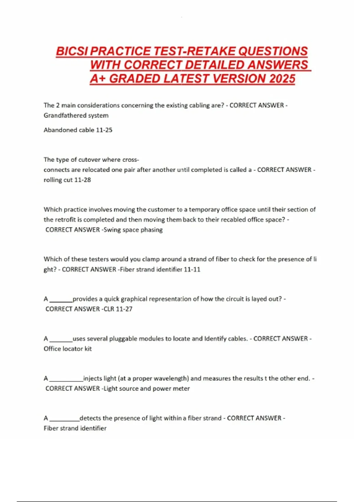 BICSI PRACTICE TEST-RETAKE QUESTIONS WITH CORRECT DETAILED ANSWERS A+ ...