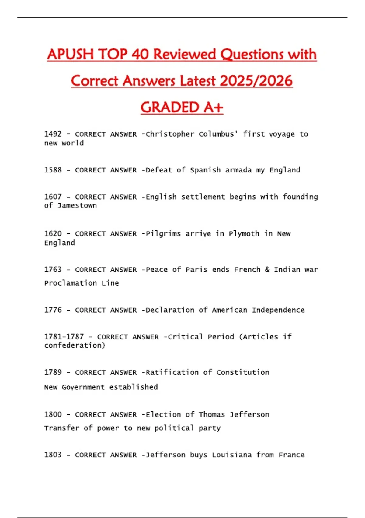 APUSH TOP 40 Reviewed Questions with Correct Answers Latest 2025/2026 ...