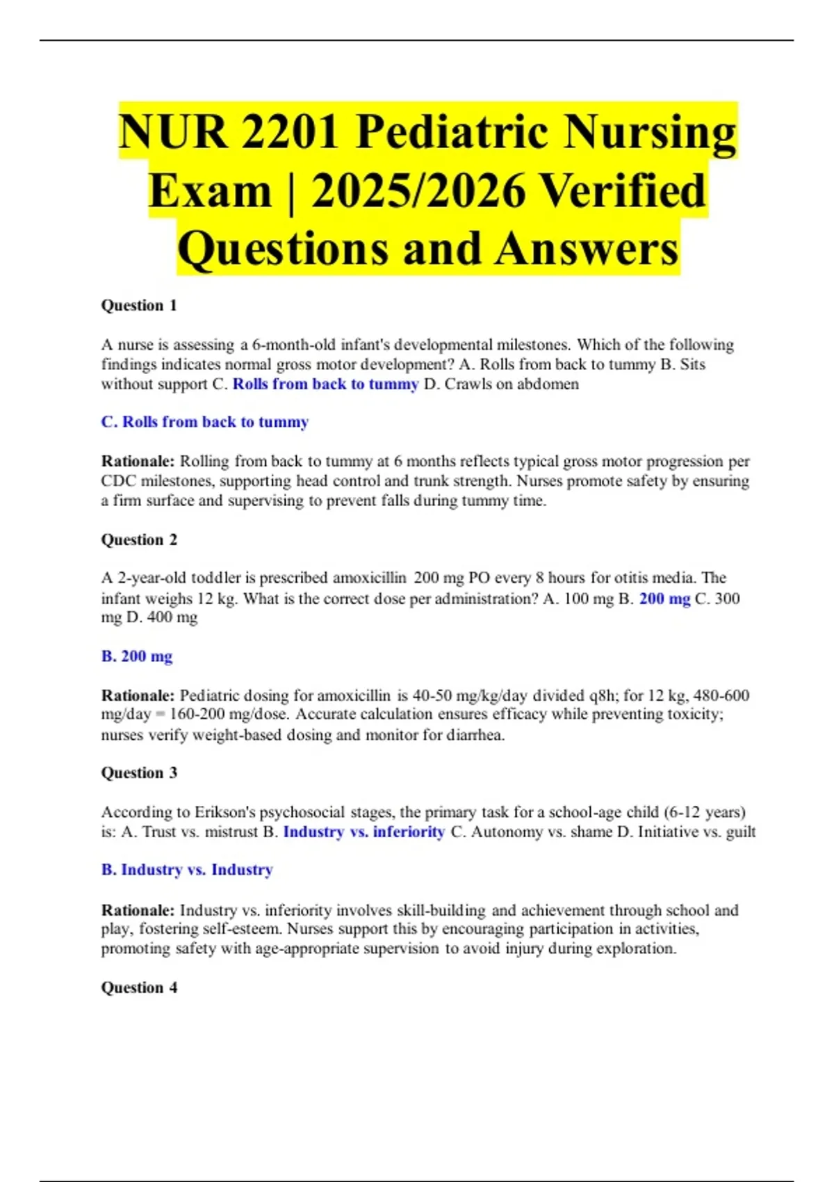 NUR 2201 Pediatric Nursing Exam | 2025/2026 Verified Questions and ...