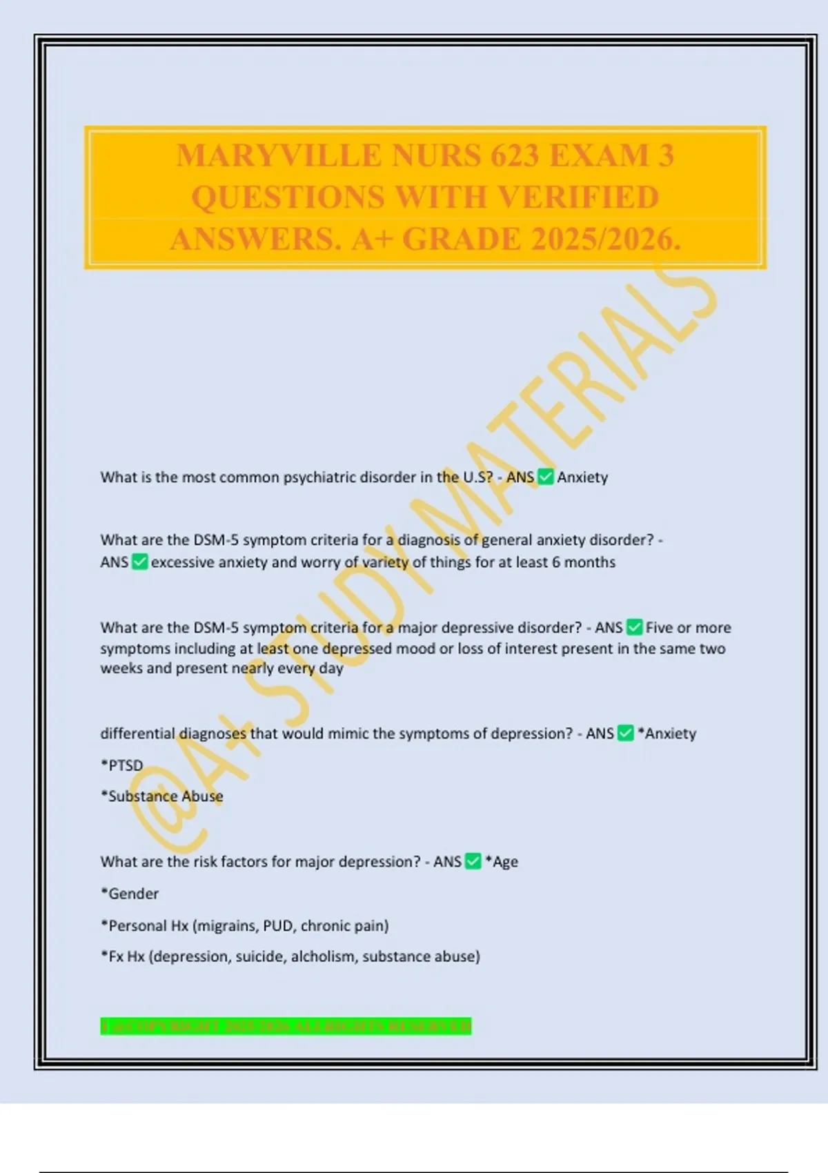 MARYVILLE NURS 623 EXAM 3 QUESTIONS WITH VERIFIED ANSWERS. A+ GRADE ...