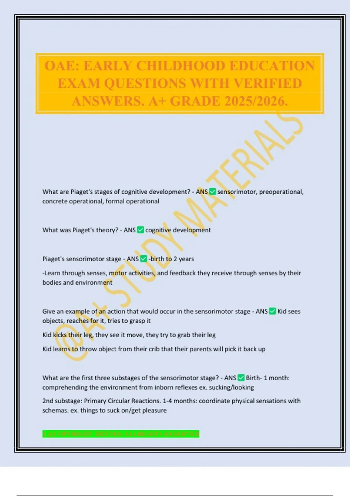 OAE: EARLY CHILDHOOD EDUCATION EXAM QUESTIONS WITH VERIFIED ANSWERS. A+ ...