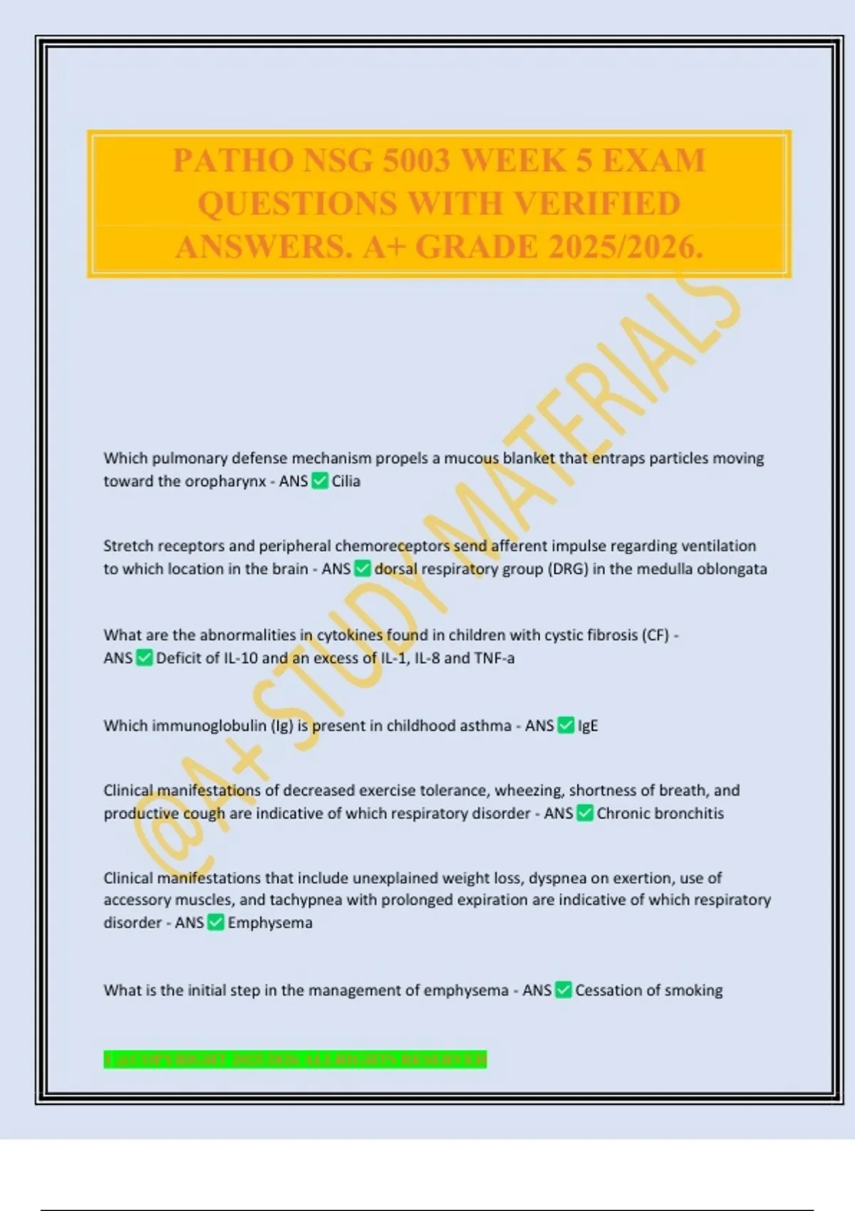 PATHO NSG 5003 WEEK 5 EXAM QUESTIONS WITH VERIFIED ANSWERS. A+ GRADE ...