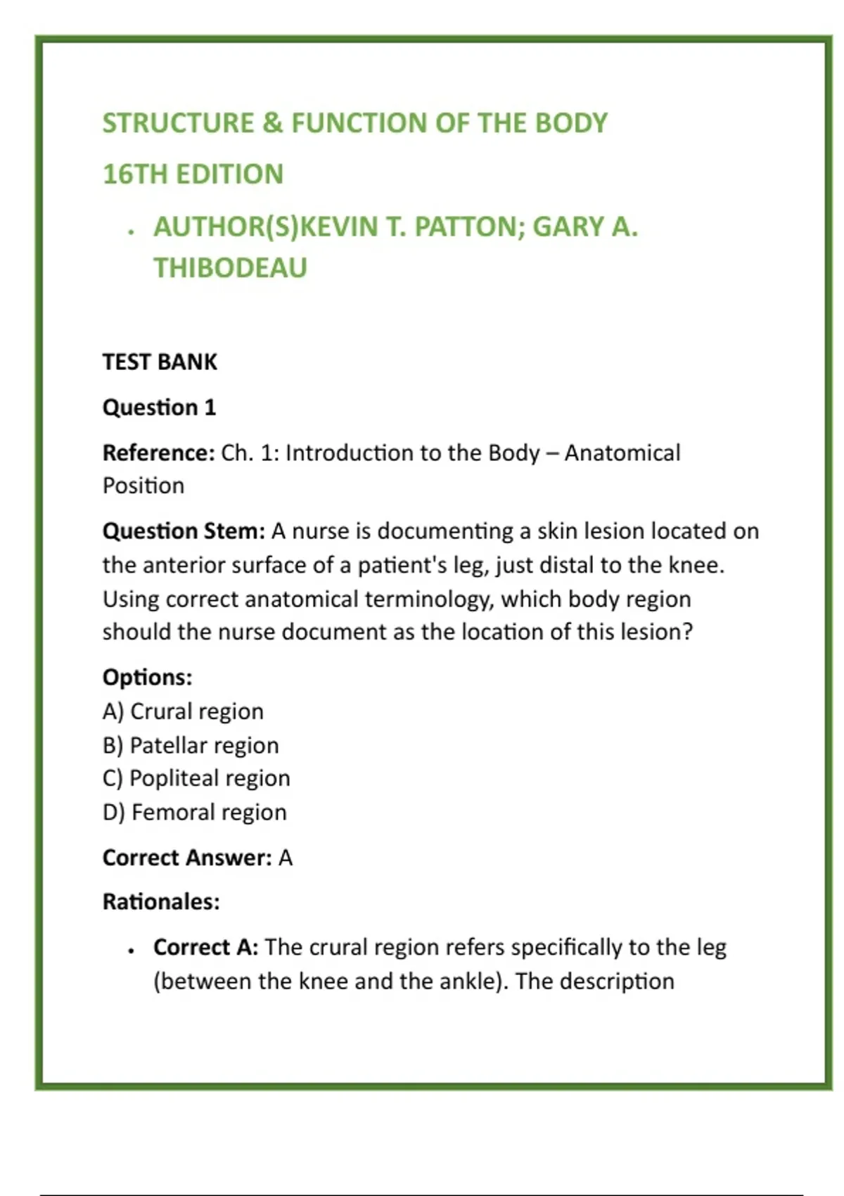 Anatomy & Physiology Test Bank (16th Ed | Patton & Thibodeau ...
