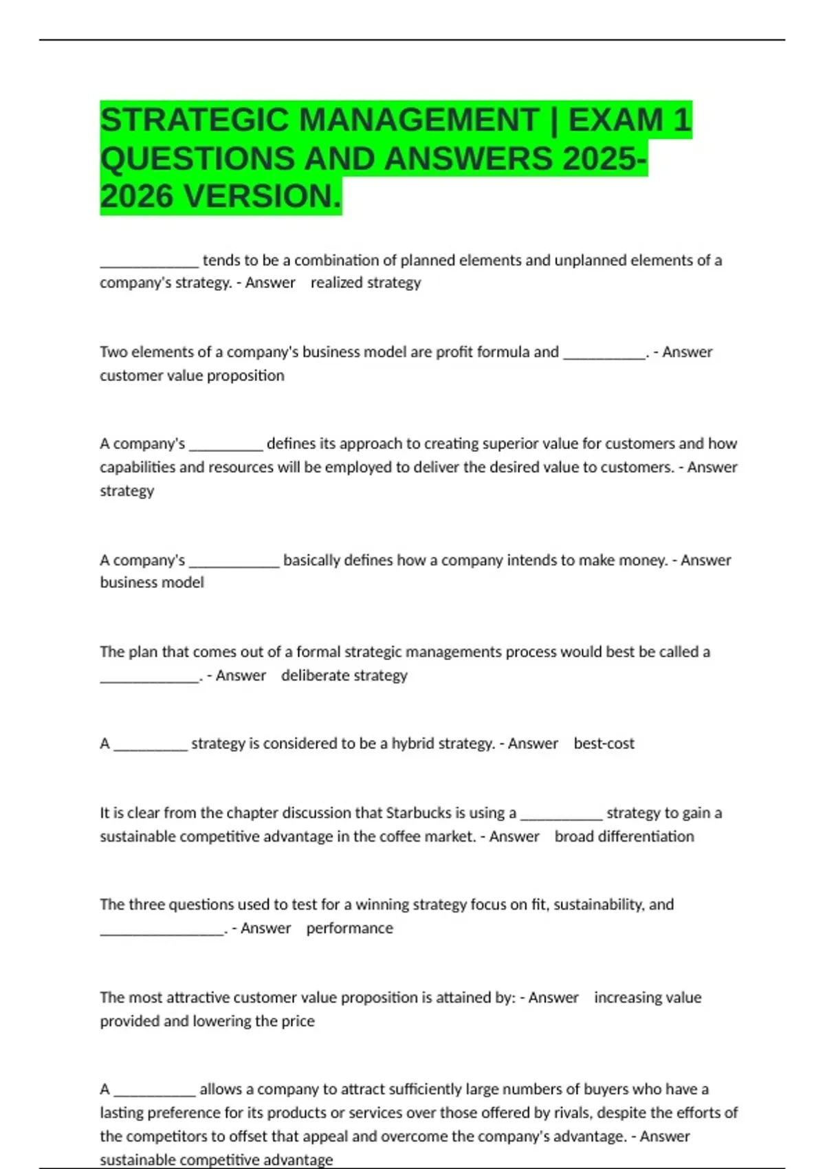 STRATEGIC MANAGEMENT | EXAM 1 QUESTIONS AND ANSWERS VERSION. - BUS 4407 ...