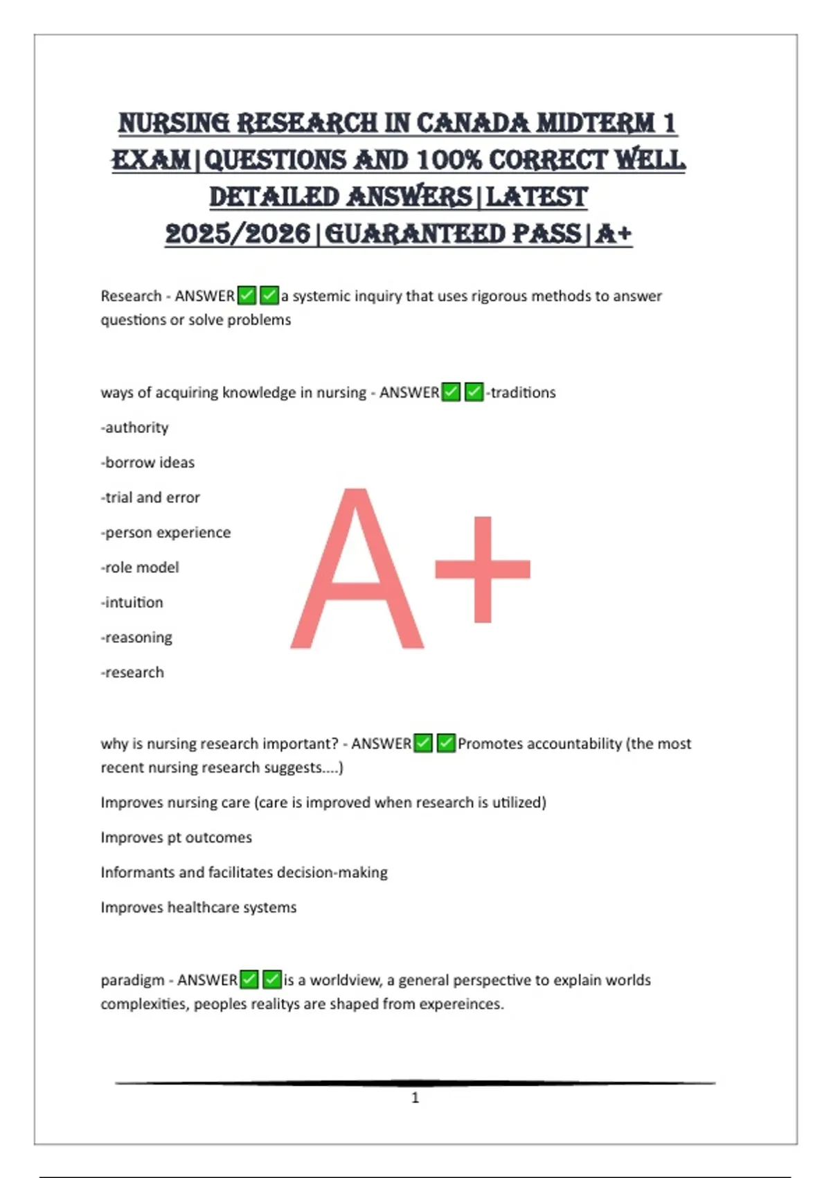 NURSING RESEARCH IN CANADA MIDTERM 1 EXAM|QUESTIONS AND 100% CORRECT ...