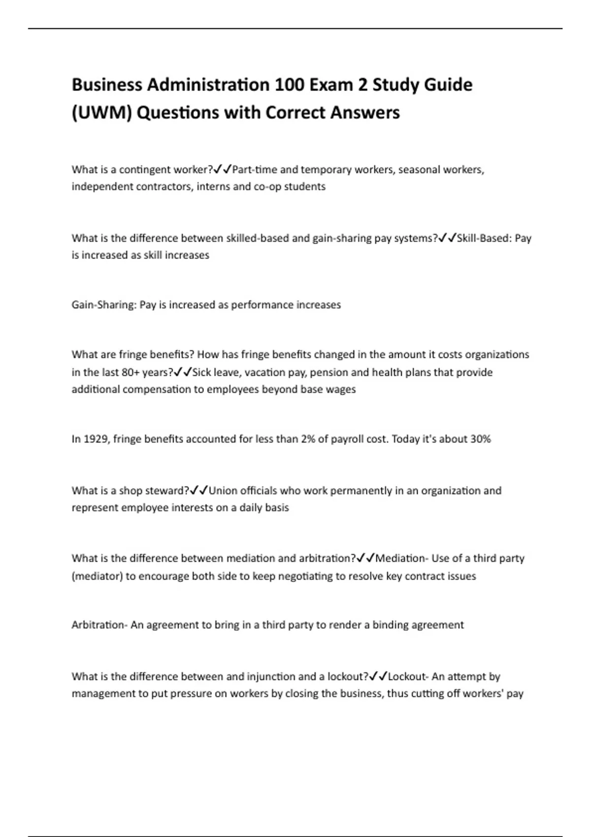 Business Administration 100 Exam 2 Study Guide (UWM) Questions with ...
