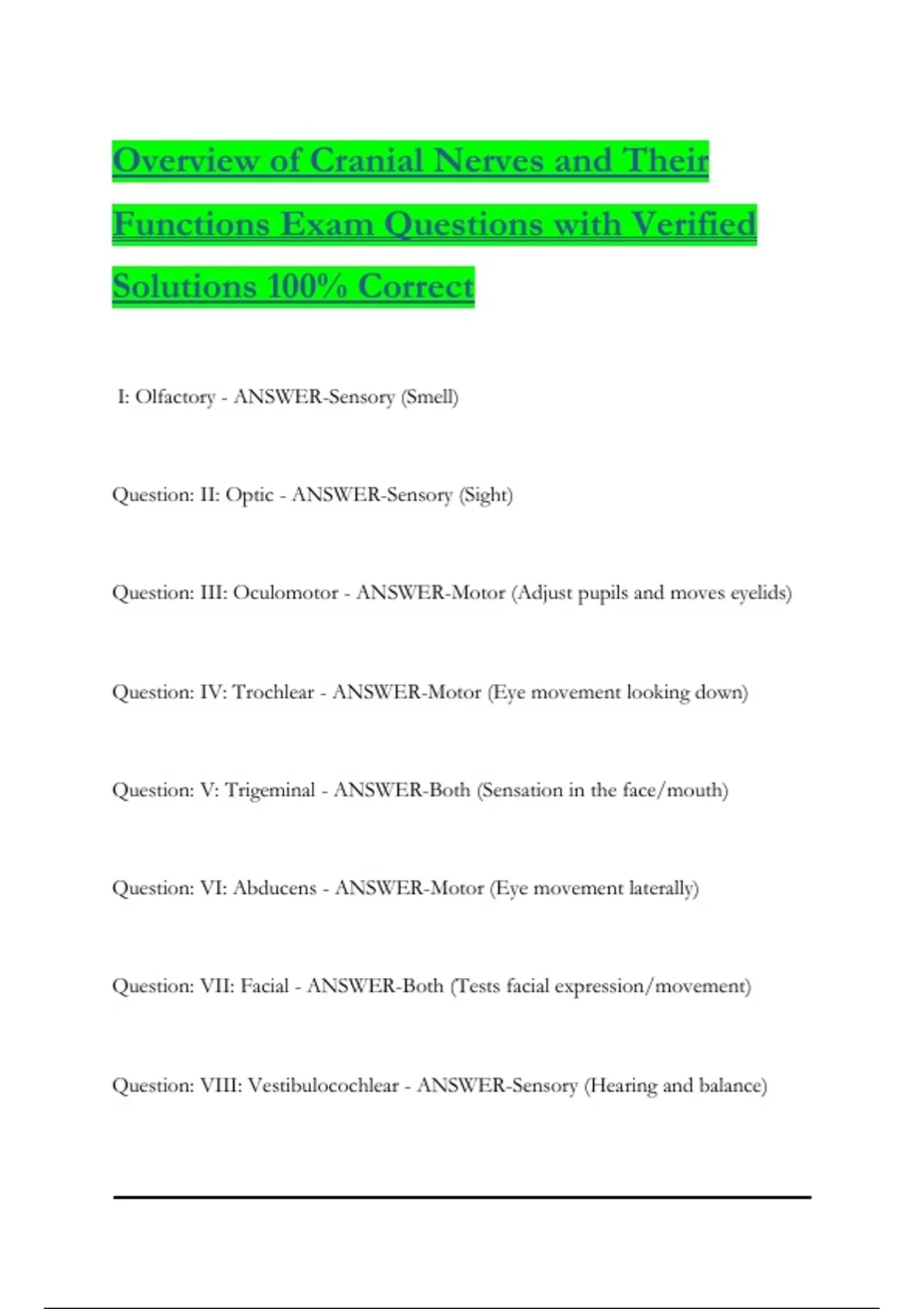 Overview of Cranial Nerves and Their Functions Exam Questions with ...