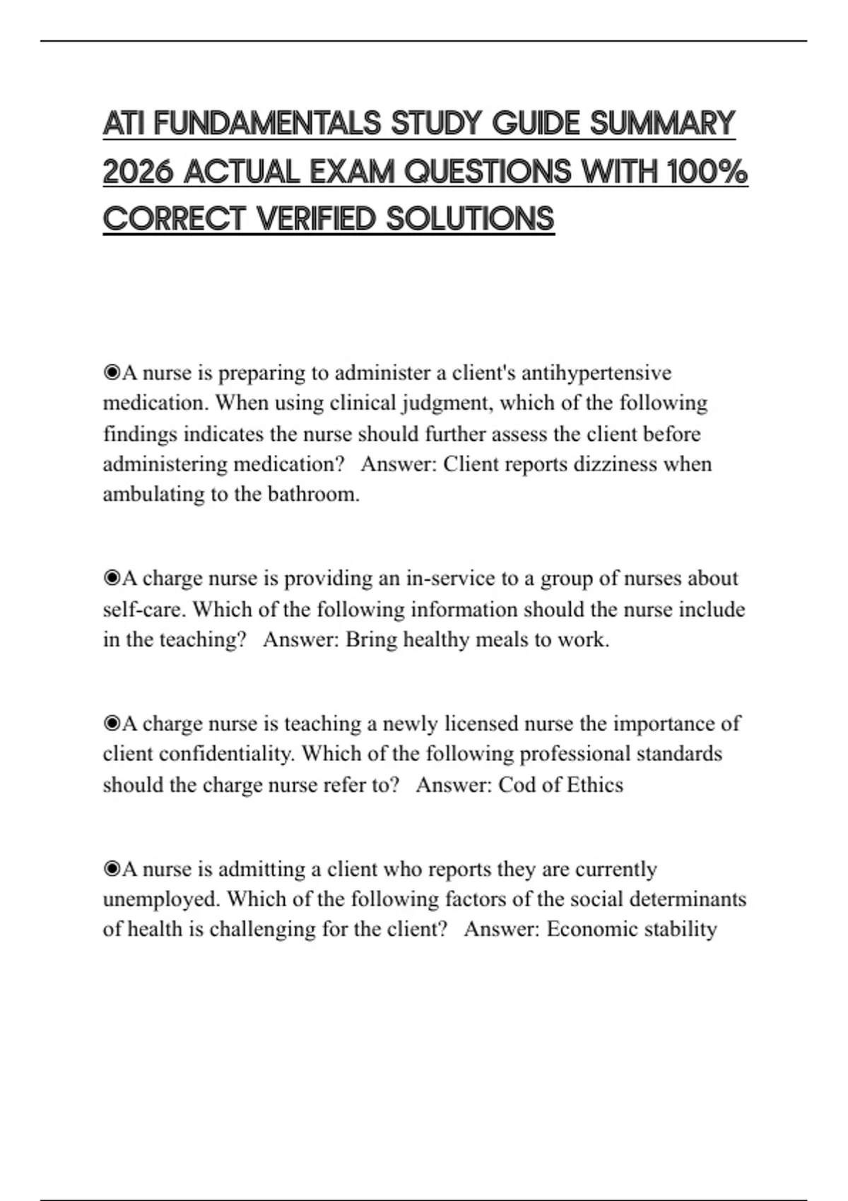 ATI FUNDAMENTALS STUDY GUIDE SUMMARY 2026 ACTUAL EXAM QUESTIONS WITH ...