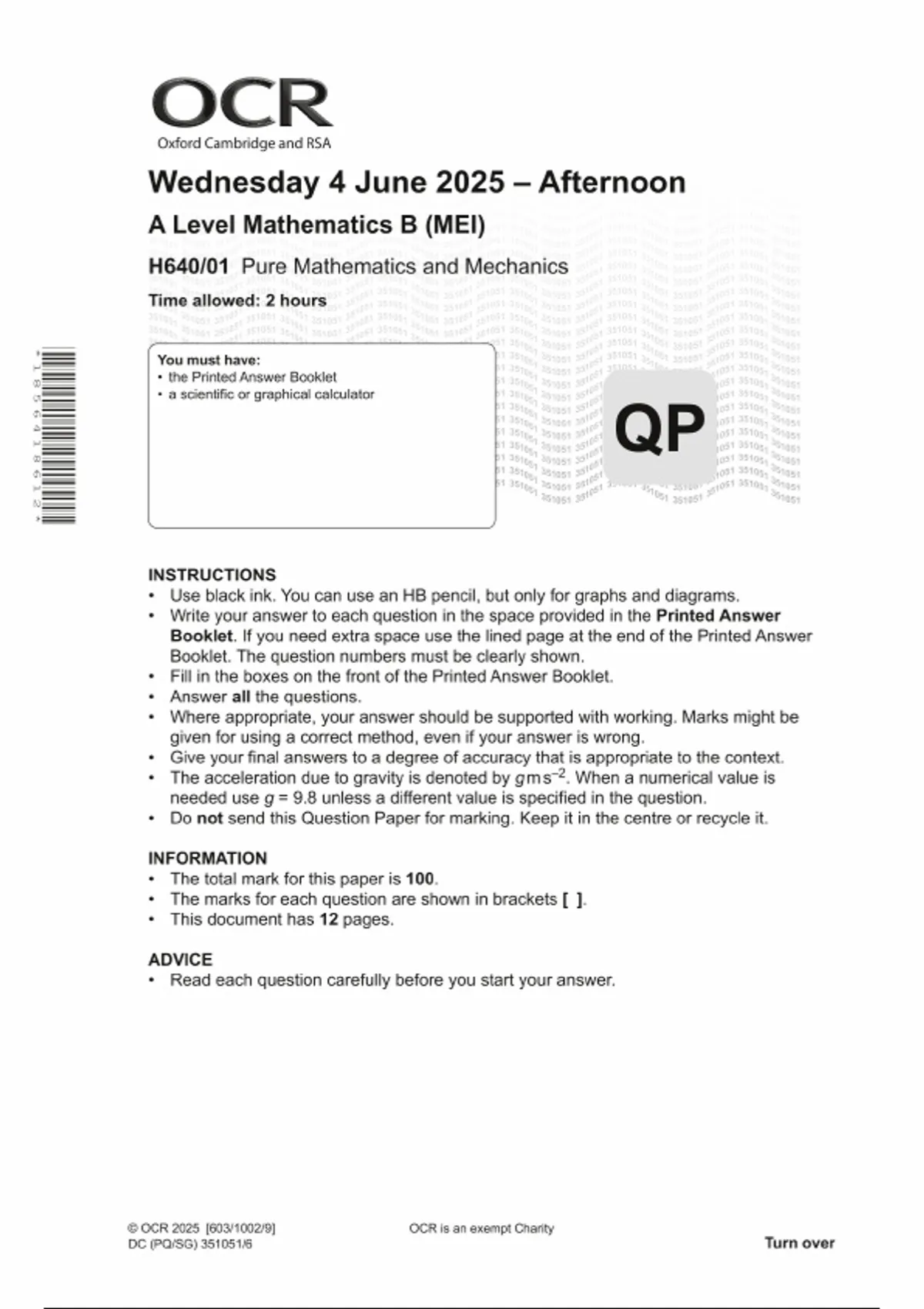 OCR A Level Mathematics B PAPER 1 QUESTION PAPER : Pure Mathematics and ...