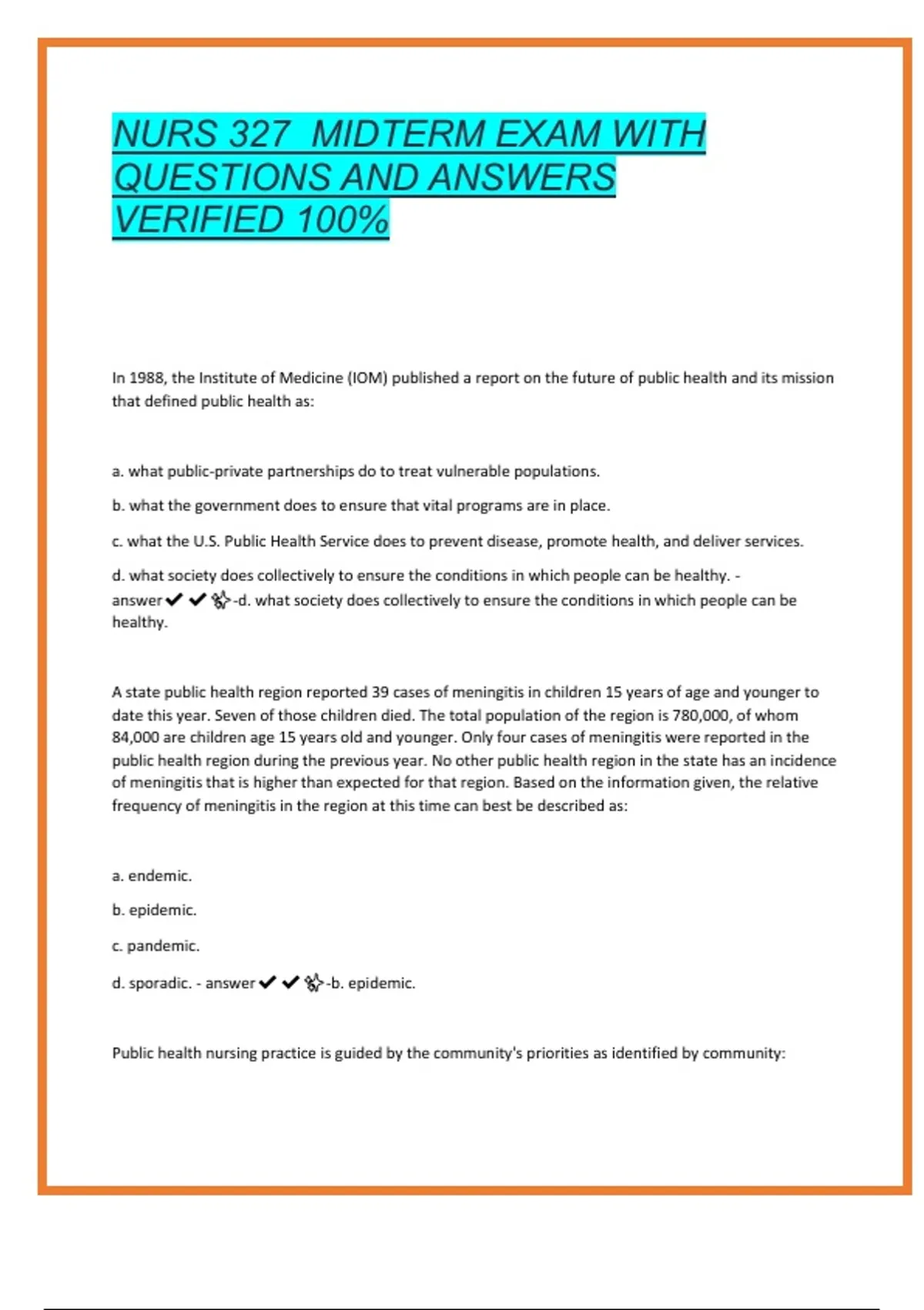 NURS 327 Midterm Exam 2025/2026 | Verified 100% Correct Questions and ...